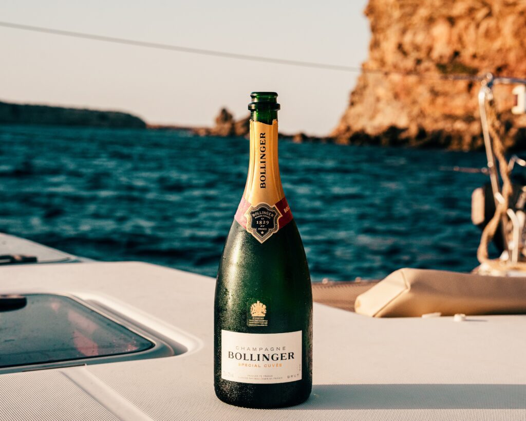 A bottle of champagne on a scuba charter.